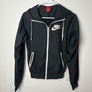 Nike Jacket Womens XS Black Hooded Full Zip Windbreaker Swoosh Logo Athletic
